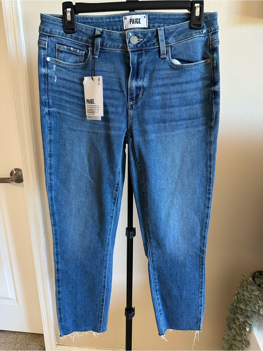 PAIGE Blue Cropped Skinny Jeans with Raw Hem
